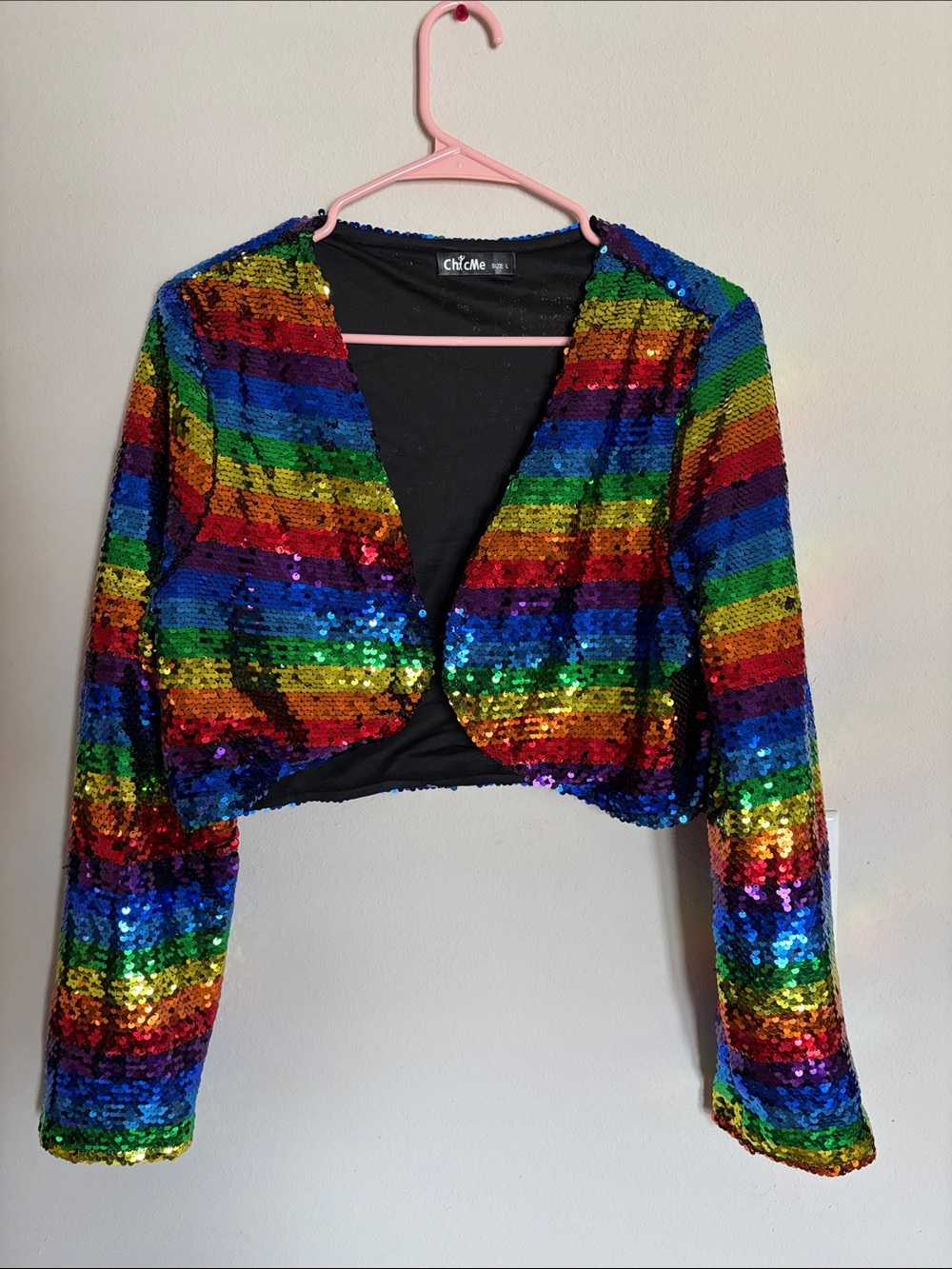 ChicMe Rainbow Sequin Cropped Bolero Jacket Size L Festival Pride Party